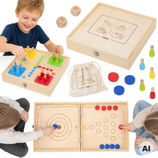 Medinis stalo žaidimas 4 viename | Sling Puck, kerlingas, boulingas, Ludo | VIGA 44853
