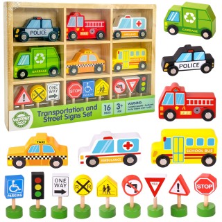 Medinių transporto priemonių ir kelio ženklų rinkinys | 15 dalių | Woopie Green 53521 Medinių transporto priemonių ir kelio ženklų rinkinys | 15 dalių | Woopie Green 53521