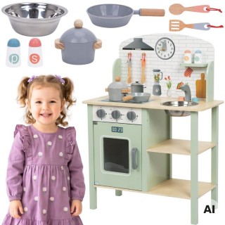 Medinė žaislinė virtuvėlė | žalia, su priedais | Tooky Toy TJ250 Medinė žaislinė virtuvėlė | žalia, su priedais | Tooky Toy TJ250