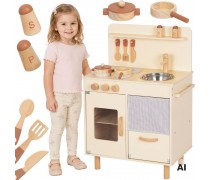 Medinė vaikiška virtuvėlė | smėlio spalvos su priedais | Tooky Toy TJ548 Medinė vaikiška virtuvėlė | smėlio spalvos su priedais | Tooky Toy TJ548