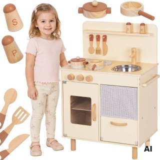 Medinė vaikiška virtuvėlė | smėlio spalvos su priedais | Tooky Toy TJ548 Medinė vaikiška virtuvėlė | smėlio spalvos su priedais | Tooky Toy TJ548