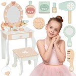 Medinis tualetinis staliukas | su LED veidrodžiu ir kėdute | Tooky Toy TP530