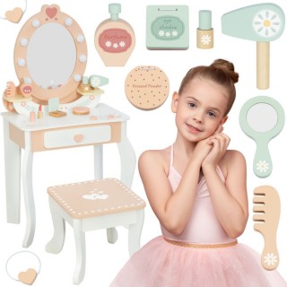 Medinis tualetinis staliukas | su LED veidrodžiu ir kėdute | Tooky Toy TP530