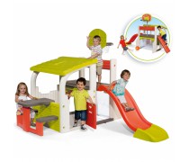 Dugiafunkcė žaidimų aikštelė vaikams | 150 cm čiuožykla, krepšinio stovas, futbolo vartai, laipiojimo siena ir stalas su suoliukias | Smoby