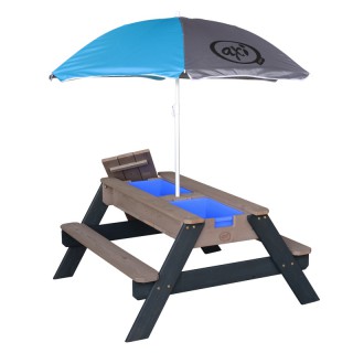 Medinis iškylos stalas su skėčiu, suoliukais, vandens bei smėlio dėžėmis vaikams | Axi A031.004.05