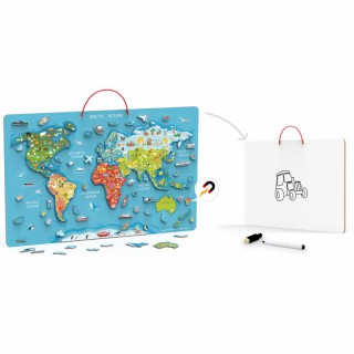 Žaislinė medinė magnetinė edukacinė pakabinama lenta vaikams | Pasaulio žemėlapis su priedais 106 vnt. | Viga 44508