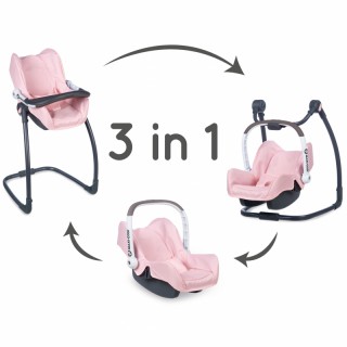 Žaislinė lėlės rožinė nešioklė, maitinimo kėdutė, sūpynė | 3in1 Maxi Cosi | Smoby