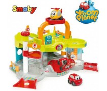 Žaislinis 3 aukštų automobilių garažas su trasa, mašinėle ir sraigtasparniu | Vroom Planet | Žaislas vaikams| Smoby 120402