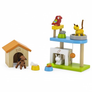 Žaisliniai mediniai gyvūnai su nameliais - šuniukas, kačiukas, triušiukas ir papūga | My Pets | Viga 44568