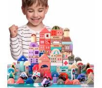 Žaislinis medinis edukacinis kaladėlių rinkinys vaikams | Pastatyk miestą 115 vnt. | Woopie 30692