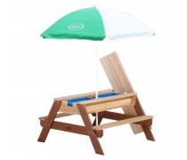 Vaikiškas medinis iškylos stalas su skėčiu, suoliukais, vandens bei smėlio dėžėmis | Axi A031.004.00