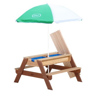 Medinis iškylos stalas su skėčiu, suoliukais, vandens bei smėlio dėžėmis vaikams | Axi A031.004.00