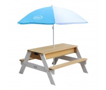Vaikiškas medinis iškylos stalas su skėčiu, suoliukais, vandens bei smėlio dėžėmis | Axi A031.004.01