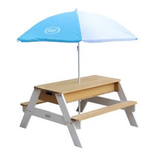 Medinis iškylos stalas su skėčiu, suoliukais, vandens bei smėlio dėžėmis vaikams | Axi A031.004.01