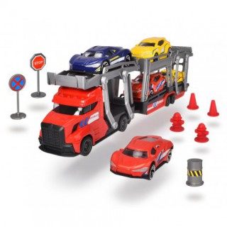 Žaislinis sunkvežimis - vilkikas 30 cm su 5 metalinėmis mašinėlėmis ir kelio ženklais | Dickie 3745012 Raudonas