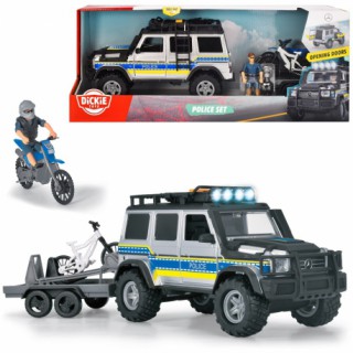 Žaislinis policijos visureigis automobilis su priekaba, motociklu, dviračiu ir vyro figūrėlė | Mercedes Benz | Dickie 3837023