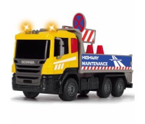Žaislinis Scania sunkvežimis 16 cm su kelio ženklais | Šviesos ir garso efektai | Dickie 3742011_DRO