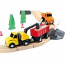 Žaislinė medinė statybinių mašinų trasa su 2 mašinėlėmis, kranu ir žmogaus figūrėle | 35 detalės| Tooky TH682