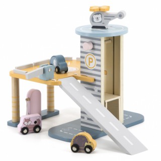Žaislinis medinis garažas su sraigtasparniu ir mašinėlėmis | PolarB | Viga 44029