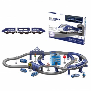 Žaislinė policijos traukinių trasa su automobiliais, sraigtasparniu ir priedais | 92 detalės | Woopie 30685