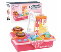 Žaislinė rožinė mini virtuvėlė su kriaukle, tekančiu vandeniu ir priedais | 2in1 Home Kitchen | Woopie 45562