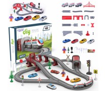 Žaislinė traukinių trasa su tuneliu ir transporto priemonėmis | 80 detalių | Woopie 41519