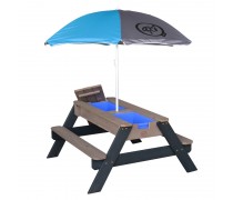 Medinis iškylos stalas su skėčiu, suoliukais, vandens bei smėlio dėžėmis vaikams | Axi A031.004.05