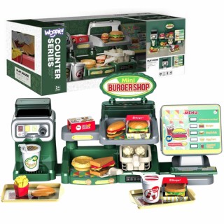 Žaislinis greito maisto mini restoranas | Mėsainiai su kasos aparatu ir priedais | Mini Burger Shop| Woopie 49034